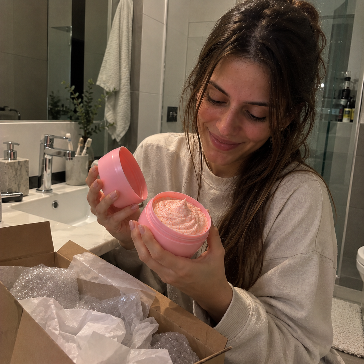 Clienta abriendo su crema Aurora